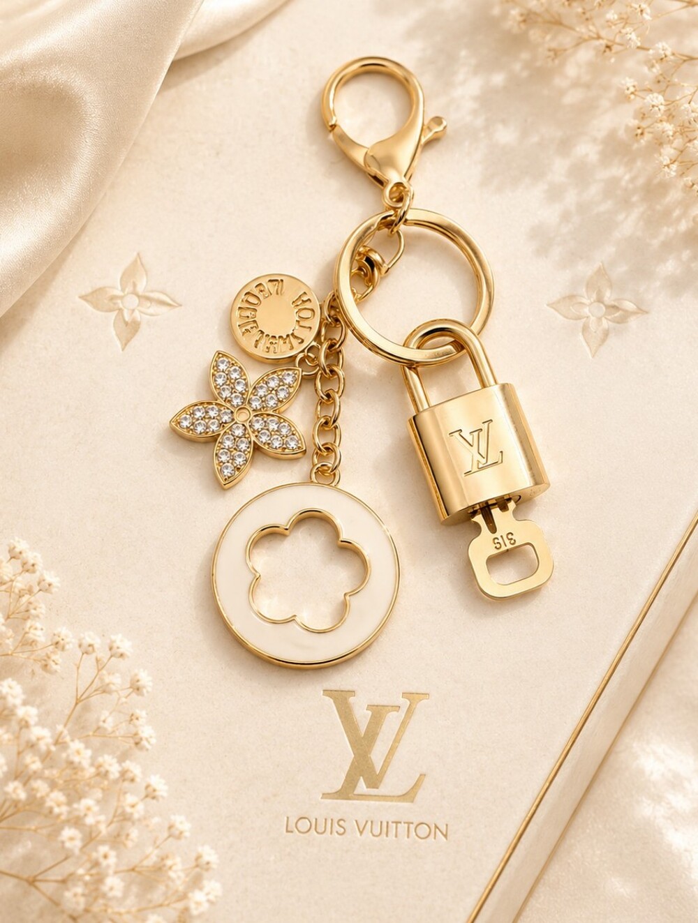 Authentic LV Louis Vuitton Gold Lock & Key 🔑 Unbranded Flower Keychain Charm